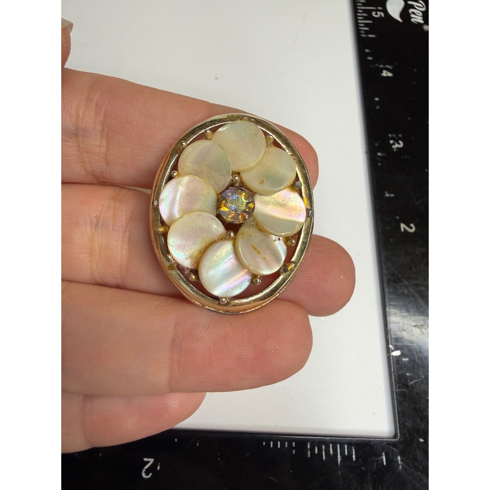 Vintage Mother of Pearl Shell Flower Brooch Gold Tone Aurora Borealis Rhinestone